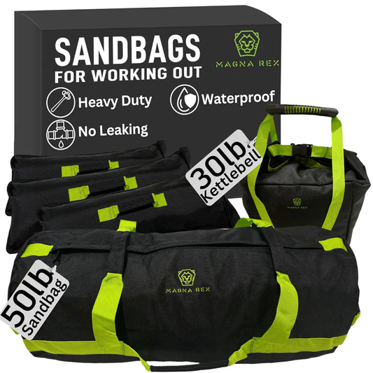 Magna Rex Sandbags for Working Out - Adjustable Sand Bags for Weight Training Heavy Duty Equipment - 1 Outer Workout Sandbag 3 Inner Sandbags and 1 Soft Kettlebell (Black/Green 50 lbs)